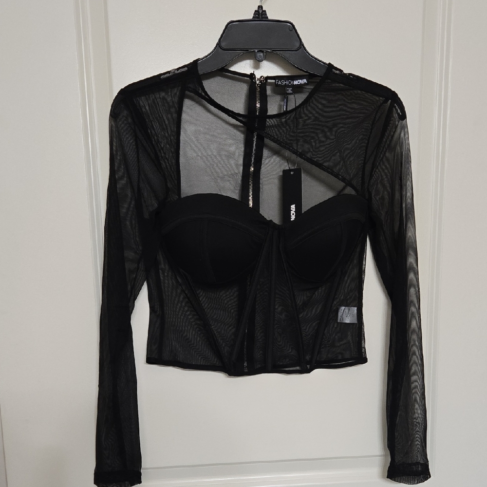 Fashion Nova Black Sheer Long-Sleeve Bustier Crop Top